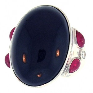 Large Black Oval Cocktail Ring With Ruby & Diamond Side Stones