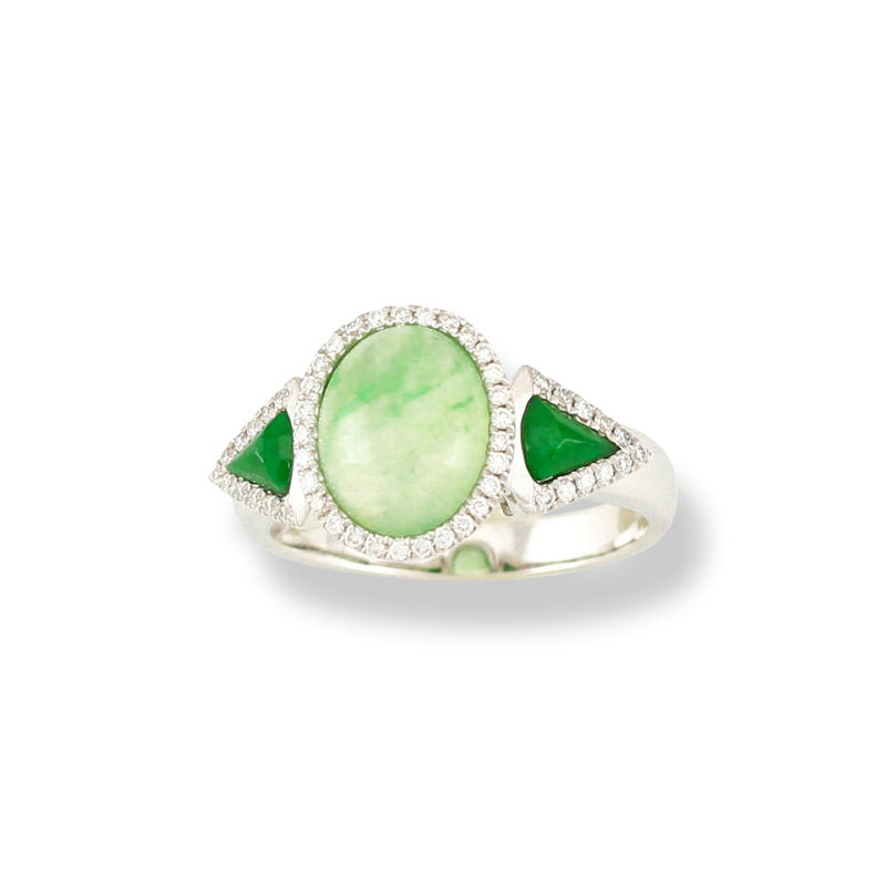Icy Green Jade Oval Cabochon Ring With Diamonds & Green Jade Side Stones by Mason-Kay