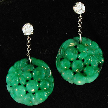 Carved Green Jade Drop Earrings with Diamond Tops by Kristina Mason