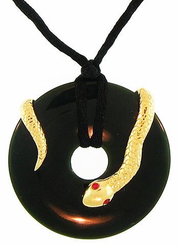 Black Jade Disc/Pi Necklace With Gold Snake by Kristina for Mason-Kay Jade