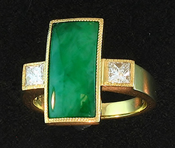 Elongated Green Jade Tablet Ring With Diamond Side Stones by Kristina for Mason-Kay Jade