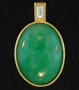 Green Jade Oval Pendant With Baguette Diamond Bail Mason-Kay Design by Kristina