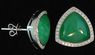 Triangular Green Jade Stones Set in Diamond Bezel Earrings, Mason-Kay Design by Krisitna