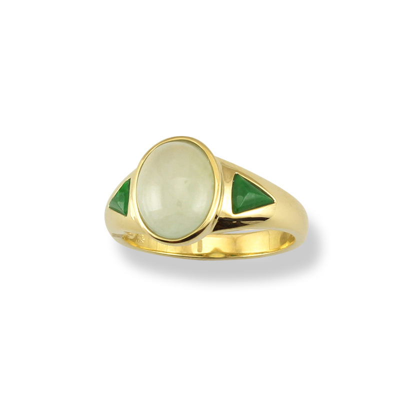 Ice Jade Ring With Green Jade Side Stones by Mason-Kay