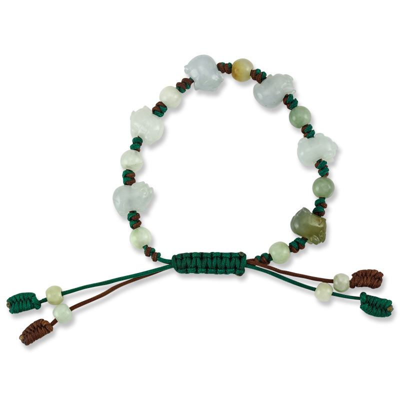 Natural Icy Jade Carved Pigs With Jade Beads on Cord Bracelet