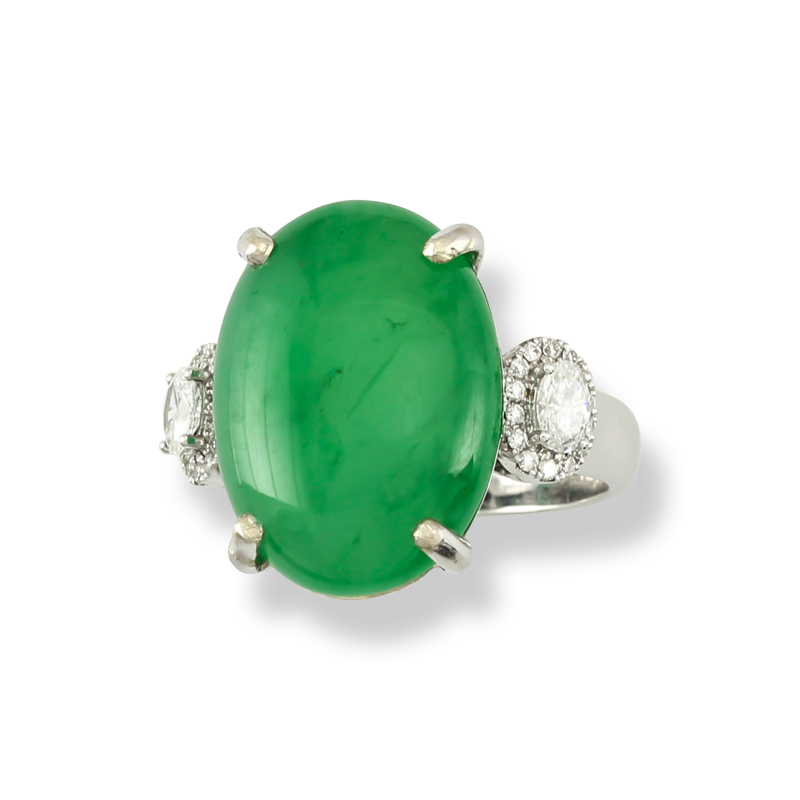 Natural Green Jade Oval Cabochon & Diamond Ring by Mason-Kay Jade