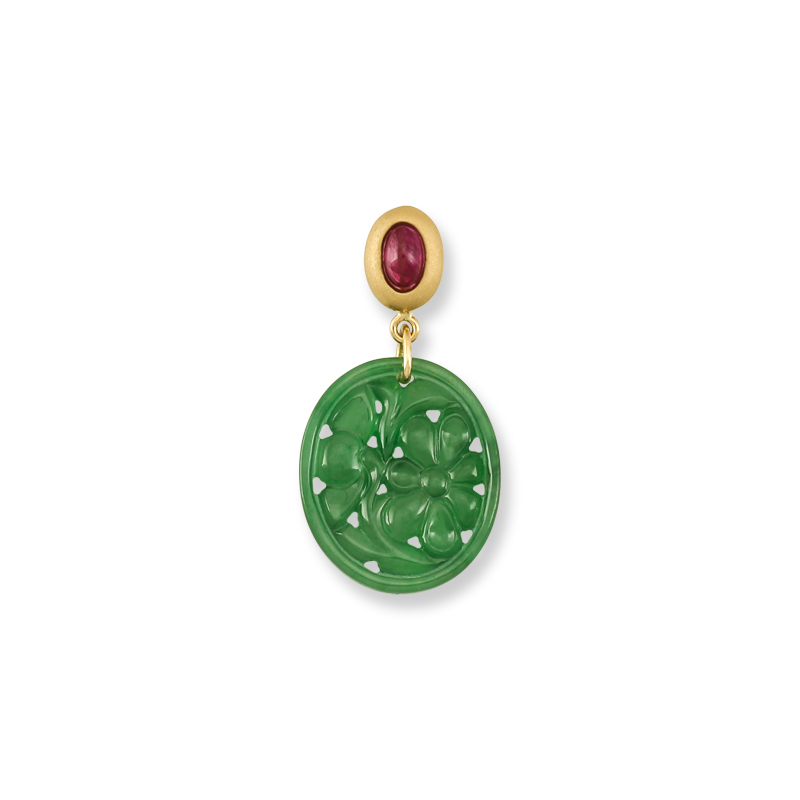 Carved Green Jade Oval Pendant With Ruby Bail by Mason-Kay Jade