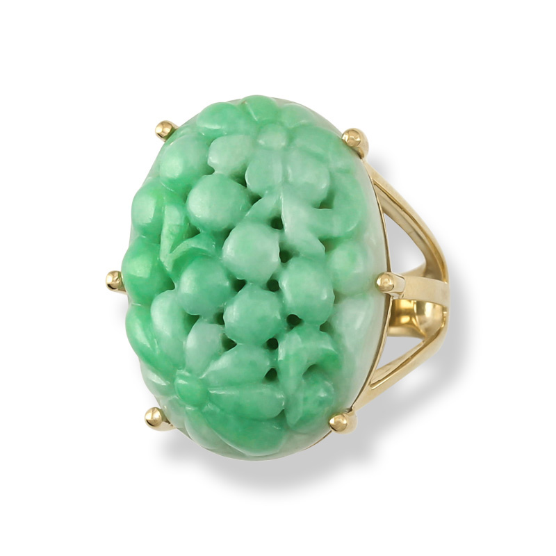 Carved Natural Green Jadeite Jade Oval Ring by Mason-Kay Jade