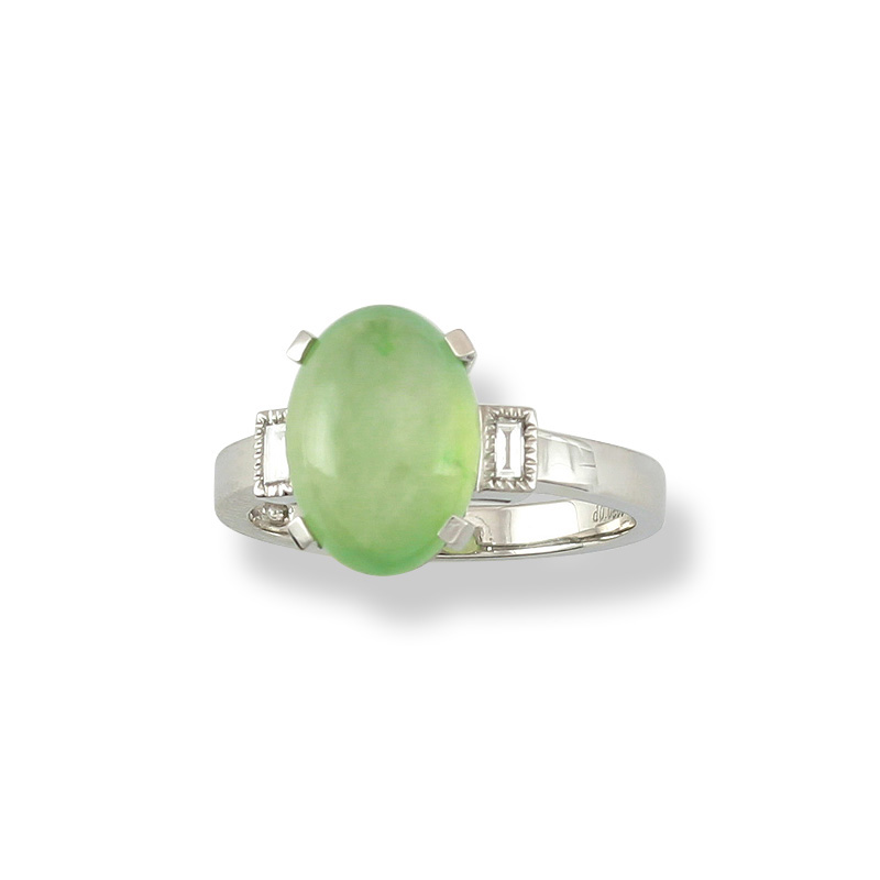Icy Translucent Natural Green Jade Oval Cabochon & Diamond Ring by Mason-Kay
