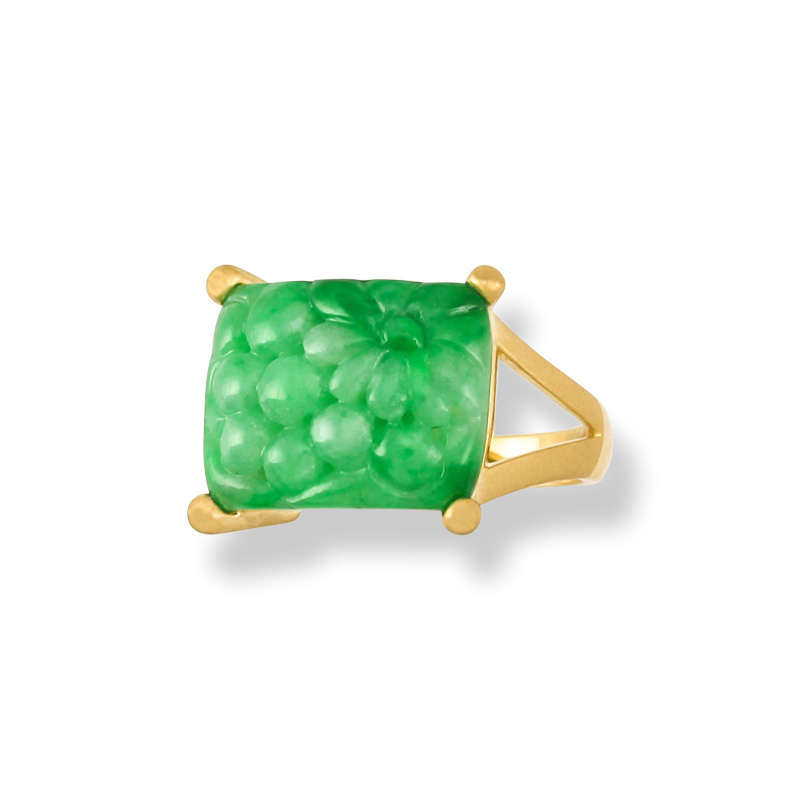 Rectangular Carved Natural Green Jjadeite Jade Ring by Mason-Kay Jade