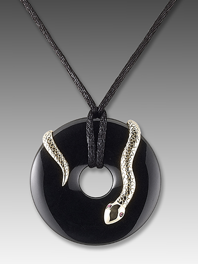 Black Jade Disc Necklace With Gold Snake Mason-Kay Design by Kristina