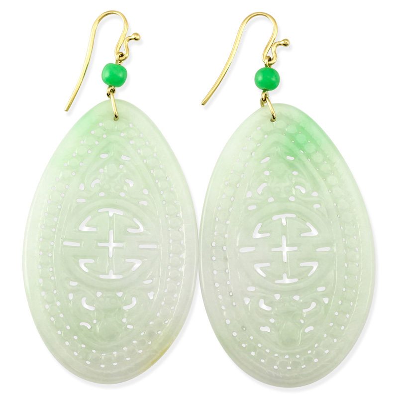 Oversized Carved White & Green Jadeite Jade Drop Earrings by Mason-Kay Jade