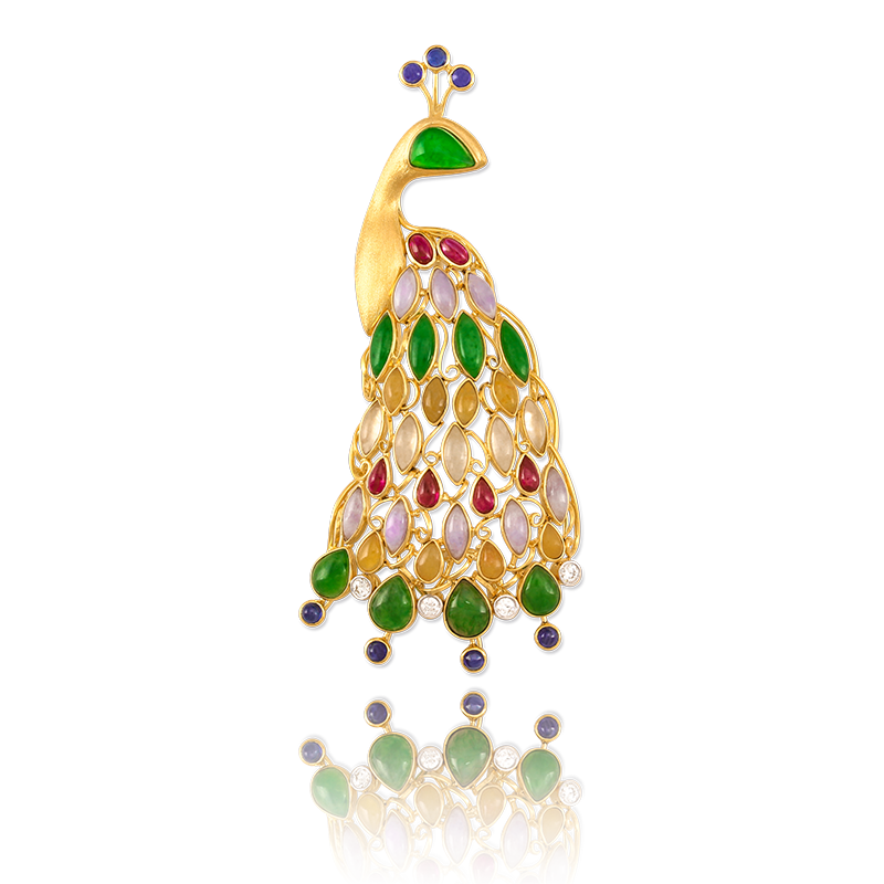 Jade & Gemstone Peacock Pin Pendant